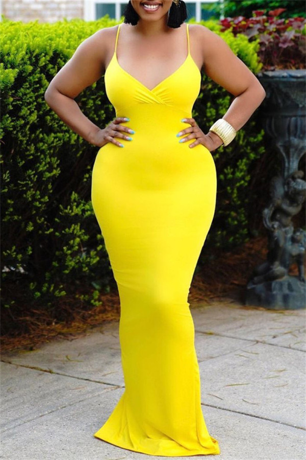 黄色のファッションセクシーなソリッドバックレススパゲッティストラップロングドレスドレス