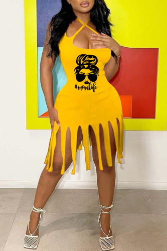 Yellow Fashion Sexy Print Tassel Backless Spaghetti Strap Sleeveless Dress