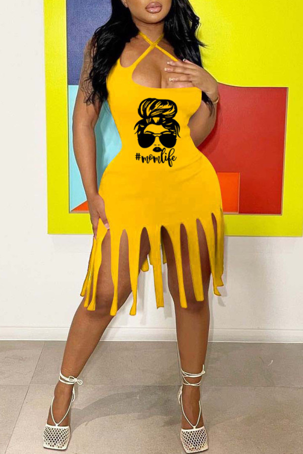 Vestido sin mangas con correa de espagueti sin espalda con estampado sexy de moda amarillo