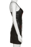黒のセクシーなソリッド刺繍パッチワークスパゲッティストラップスリングドレスドレス