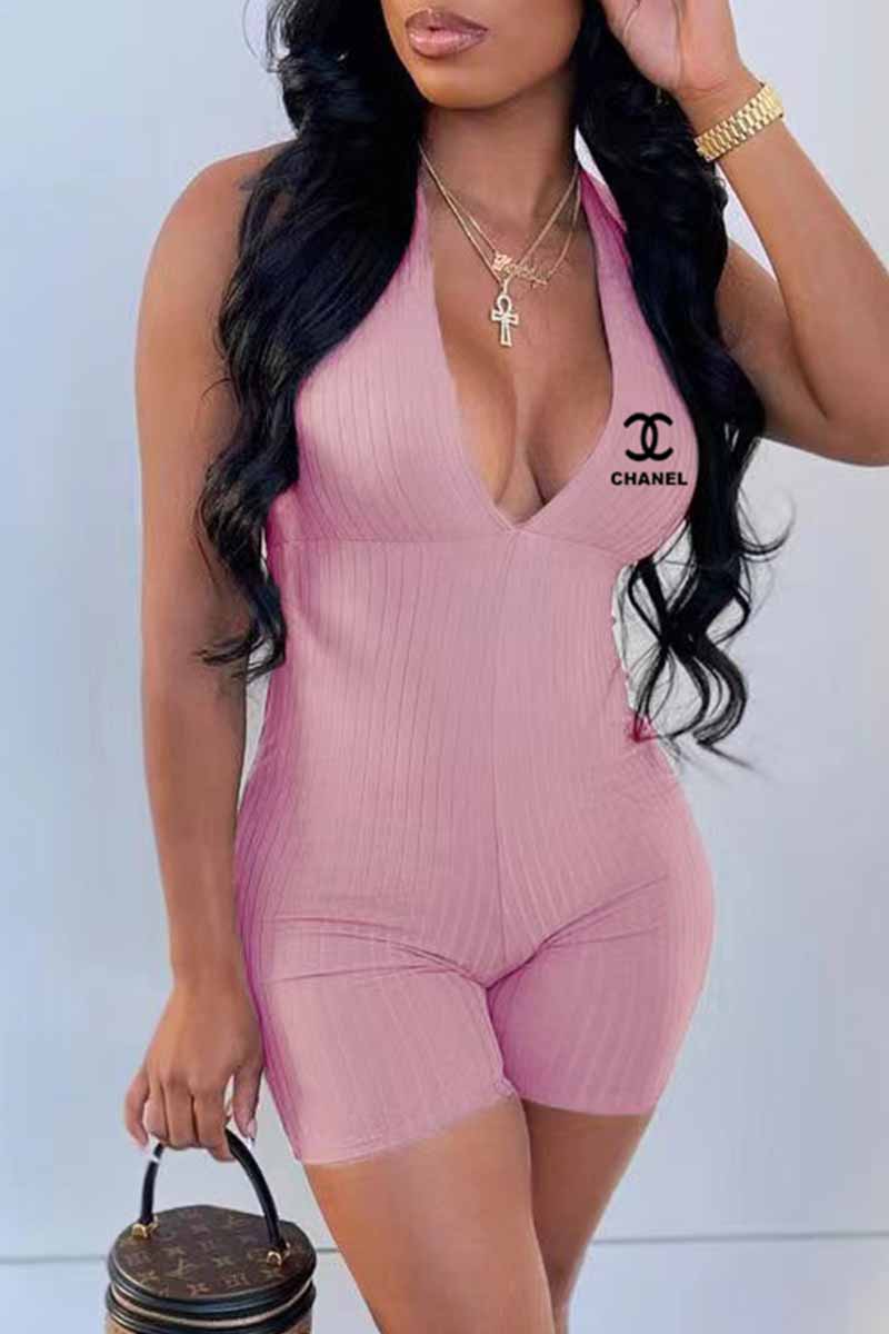 

Pink Fashion Casual Print Letter V Neck Jumpsuits