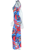 Vestidos de falda de un paso con cuello en O de patchwork con estampado sexy rojo azul
