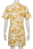 Yellow Casual Print Patchwork Turn-back Collar Short Sleeve Two Pieces