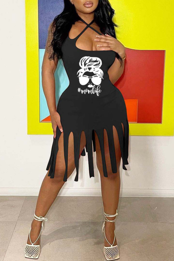 Zwarte mode sexy print kwastje backless spaghetti band mouwloze jurk