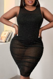 Черное сексуальное однотонное лоскутное прозрачное платье-жилет с круглым вырезом Платья больших размеров