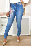 Голубые модные повседневные джинсы скинни с высокой талией и принтом в стиле пэчворк