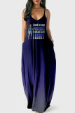 Djupblå mode sexigt tryck rygglös spaghettirem lång klänning