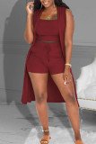 Burgundy Casual Solid Patchwork U Neck Plus Size Three Pieces