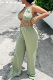 Army Green Sexy Casual Solid Bandage Hollowed Out O Neck Regular Jumpsuits