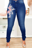 Ljusblått Mode Casual Patchwork Print Basic Skinny Jeans med hög midja