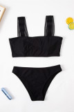 Conjunto de tres piezas de trajes de baño transparentes sin espalda de patchwork sólido sexy de moda negra (con rellenos)