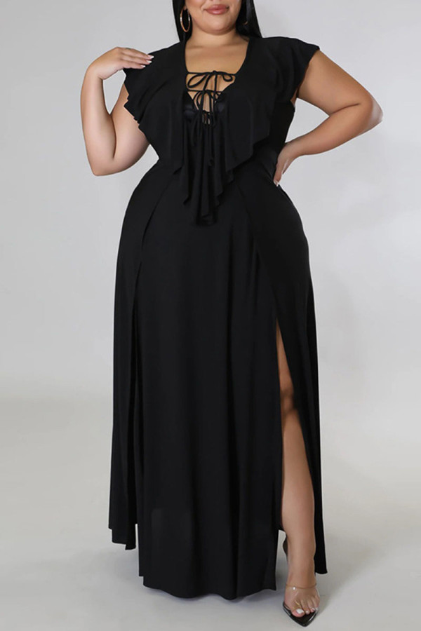 Negro sexy sólido vendaje patchwork volante hendidura cuello en V recto vestidos de talla grande