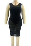 黒のセクシーなソリッドパッチワークシースルーOネックベストドレスプラスサイズのドレス