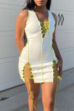 ホワイトセクシーなソリッド包帯パッチワークVネックワンステップスカートドレス