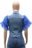 ブルーファッションカジュアルソリッドパッチワークターンダウンカラー半袖レギュラーデニムジャケット