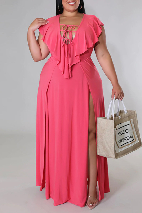 ピンクのセクシーなソリッド包帯パッチワークフラウンススリットVネックストレートプラスサイズのドレス