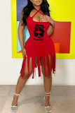 Rote Mode Sexy Print Quaste Rückenfreies Spaghettiträger Ärmelloses Kleid