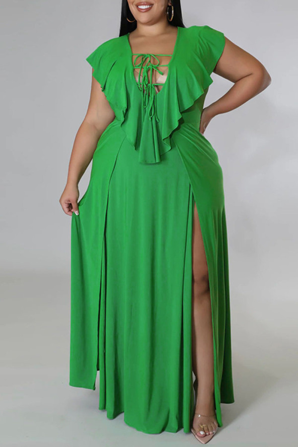 Зеленые сексуальные сплошные повязки в стиле пэчворк с воланами и разрезом с V-образным вырезом, прямые платья больших размеров