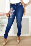 Mittelblaue, modische, lässige Patchwork-Druck-Basic-Skinny-Denim-Jeans mit hoher Taille