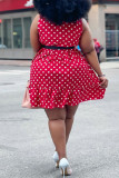 Rotes, modisches, lässiges Plus-Size-Patchwork-O-Ausschnitt, ärmelloses Kleid mit Punktdruck