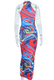 Red Blue Sexy Print Patchwork O Neck One Step Skirt Dresses