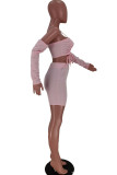 Розовый сексуальный повседневный однотонный с открытой спиной и открытыми плечами с длинным рукавом из двух частей