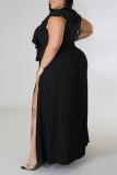 Negro sexy sólido vendaje patchwork volante hendidura cuello en V recto vestidos de talla grande