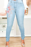 Middelblauwe modieuze casual patchworkprint Basic skinny jeans met hoge taille
