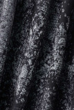 Schwarzes, elegantes Patchwork mit Gürtel und O-Ausschnitt, A-Linien-Kleider