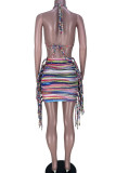 Multicolor Sexy Print Tassel Hollowed Out Patchwork Halter Pencil Skirt Dresses