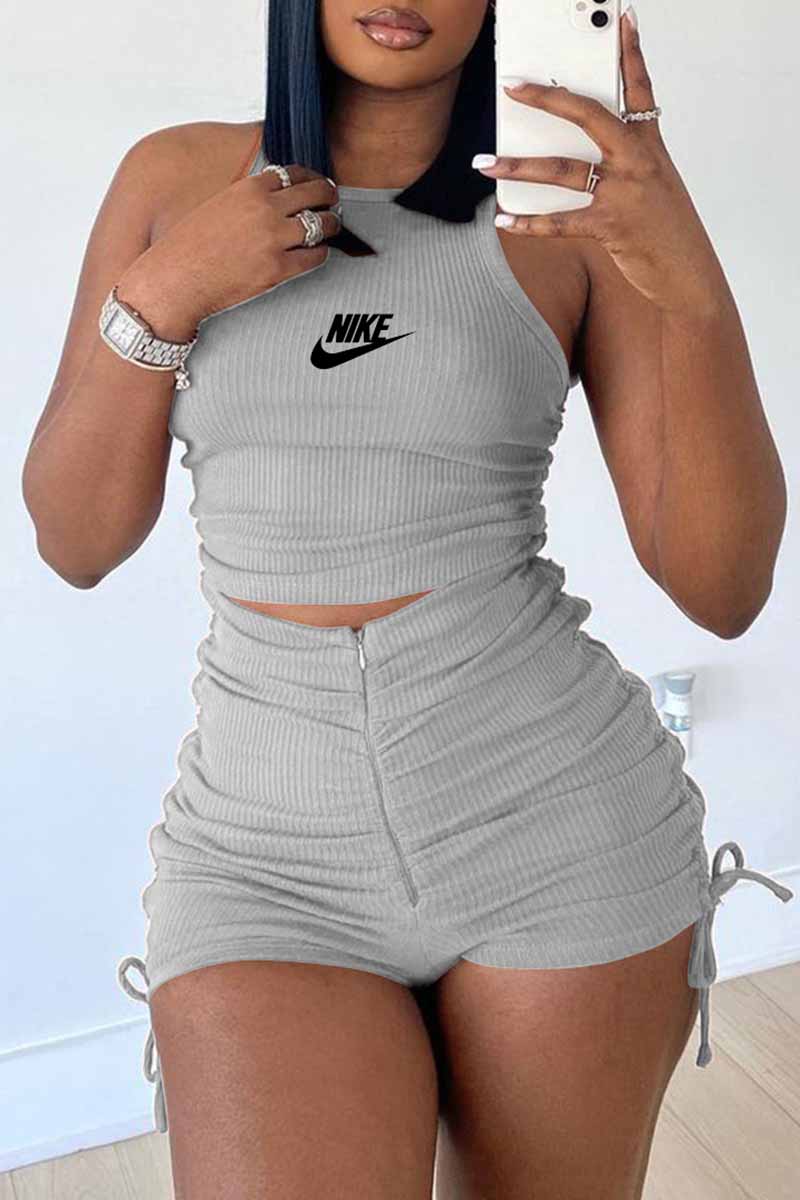 

Light Gray Fashion Casual Print Fold O Neck Sleeveless Two Pieces