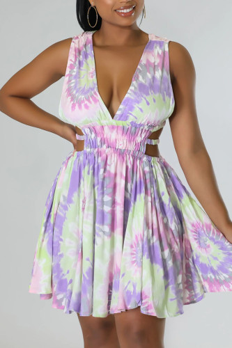 Pink Sexy Print Hollowed Out Patchwork V Neck A Line Dresses