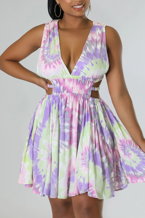 Roze sexy print uitgeholde patchwork V-hals A-lijn jurken