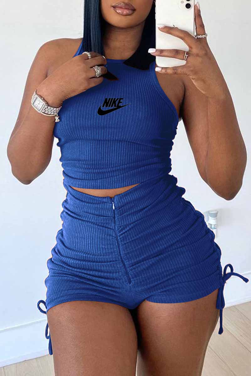 

Blue Fashion Casual Print Fold O Neck Sleeveless Two Pieces