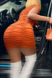 オレンジファッションカジュアルソリッドフォールドターンダウンカラー半袖ドレス