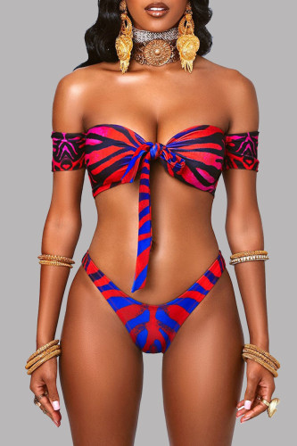 Red Blue Fashion Sexy Print Patchwork Backless Swimwears (With Paddings)