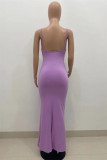 Фиолетовое модное сексуальное однотонное длинное платье с открытой спиной на бретельках
