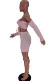 Розовый сексуальный повседневный однотонный с открытой спиной и открытыми плечами с длинным рукавом из двух частей