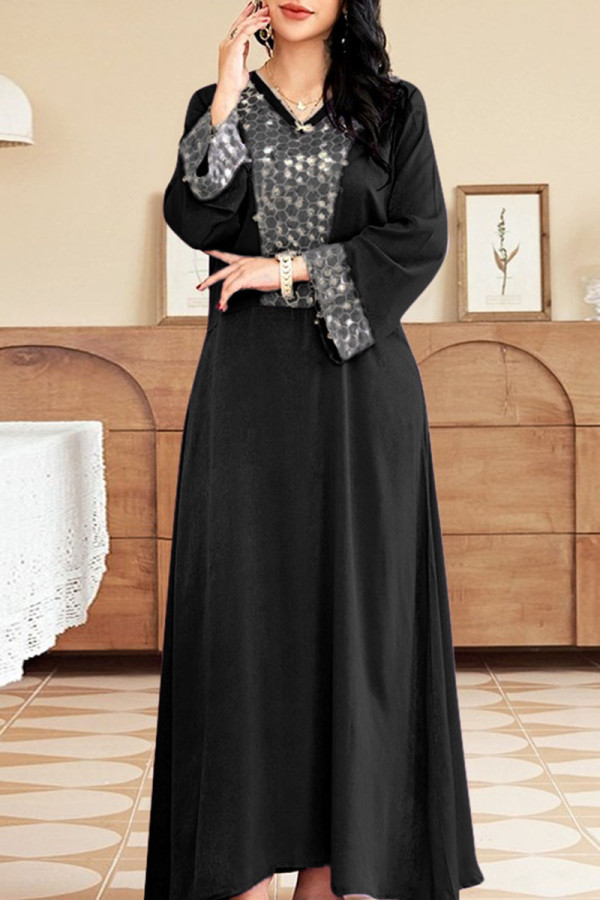 Zwarte casual effen pailletten patchwork V-hals rechte jurken