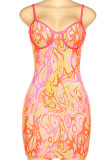 Orange Sexig Print Patchwork Spaghetti Strap Sling Dress Klänningar