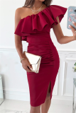 Pink Casual Solid Flounce One Shoulder Pencil Skirt Dresses
