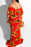 Bourgondische sexy print patchwork volant uit de schouder een stap rok plus size jurken