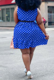 Blaues, modisches, lässiges Plus-Size-Patchwork-O-Ausschnitt, ärmelloses Kleid mit Punktdruck