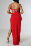 Red Sexy Solid Hot Drill Spaghetti Strap Pencil Skirt Dresses