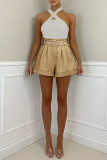 White Casual Solid Patchwork With Belt Straight High Waist Solid Color Bottoms