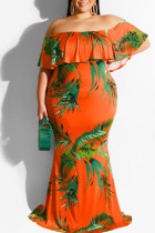 オレンジ色のセクシーなプリントパッチワークが肩からはじけるワンステップスカートプラスサイズのドレス