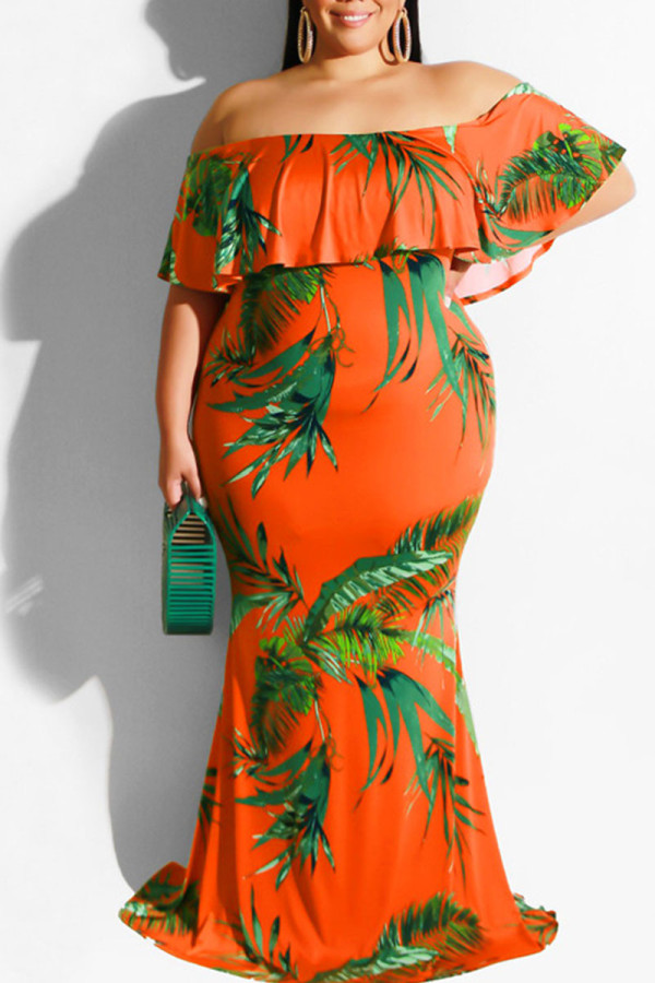 Оранжевый сексуальный принт в стиле пэчворк с воланами и открытыми плечами, одноступенчатая юбка, платья больших размеров