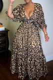 Estampado de leopardo Estampado sexy Patchwork Escote en V Una línea de vestidos