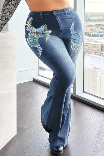 Deep Blue Fashion Casual Patchwork Print Basic Plus Size Jeans