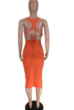 Tangerine Red Casual Solid Ripped Patchwork U-Ausschnitt Weste Kleid Kleider
